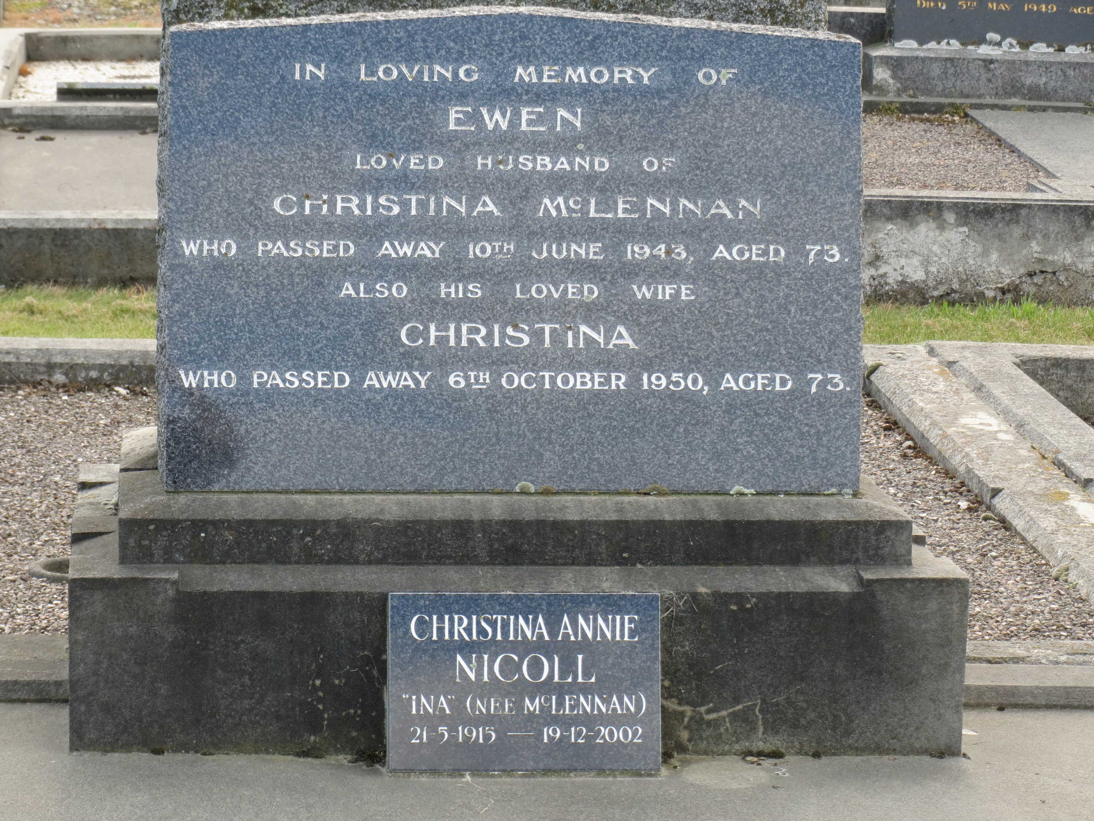 Photo of headstones/Ewen McLennan d1943 NZ hdstn Ashburton
